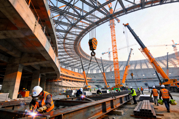 World Cup stadium construction progress with workers and cranes